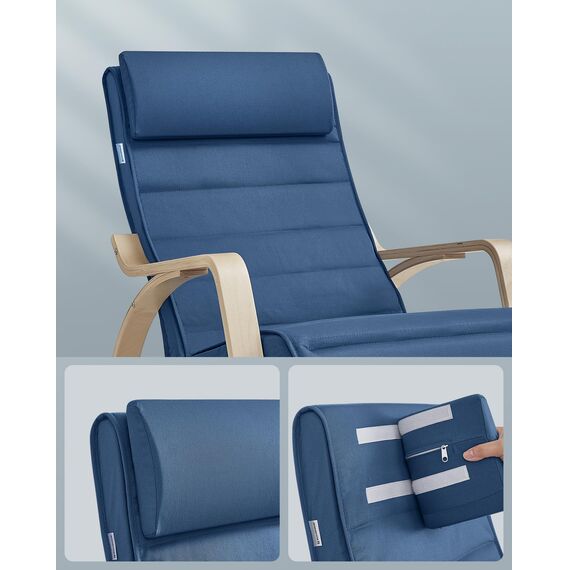 SONGMICS Schaukelstuhl, mit Armlehnen aus Birkenholz, Schaukelsessel, 5-Fach verstellbare Fußstütze, bis 150 kg belastbar, für Schlafzimmer, Wohnzimmer, mitternachtsblau-naturfarben LYY010Q01