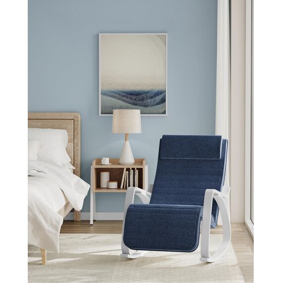 SONGMICS Schaukelstuhl, mit Armlehnen aus Birkenholz, Schaukelsessel, 5-Fach verstellbare Fußstütze, bis 150 kg belastbar, für Schlafzimmer, Wohnzimmer, mitternachtsblau-weiß LYY011Q01