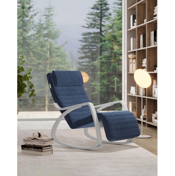 SONGMICS Schaukelstuhl, mit Armlehnen aus Birkenholz, Schaukelsessel, 5-Fach verstellbare Fußstütze, bis 150 kg belastbar, für Schlafzimmer, Wohnzimmer, mitternachtsblau-weiß LYY011Q01