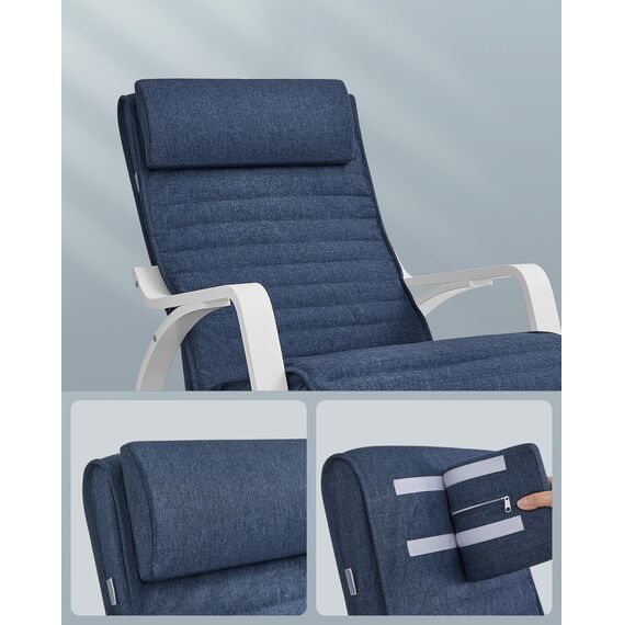 SONGMICS Schaukelstuhl, mit Armlehnen aus Birkenholz, Schaukelsessel, 5-Fach verstellbare Fußstütze, bis 150 kg belastbar, für Schlafzimmer, Wohnzimmer, mitternachtsblau-weiß LYY011Q01