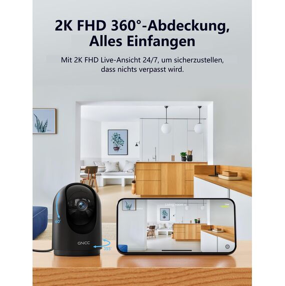 GNCC Überwachungskamera Innen 2K, 360° WLAN Kamera Indoor, Kamera Überwachung Innen mit Automatische Verfolgung, Zwei-Wege-Audio, Nachtsicht, Bewegungserkennung, Kompatibel mit Alexa
