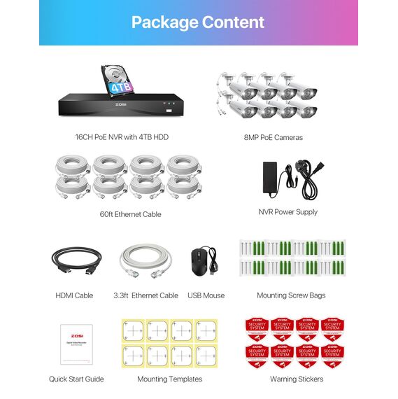 ZOSI 32CH 4K Überwachungskamera Aussen Set mit 2 Wege Audio, Smart Videoüberwachung System mit 4TB HDD NVR und 8X 8MP POE IP-Kamera, Personen- und Fahrzeugerkennung, C182