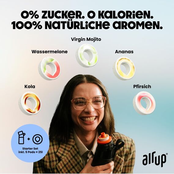 air up® Flasche Twist Pro Starter Set Original, inkl Pods in 5 Geschmacksrichtungen I 600ml Trinkflasche mit Geschmack, zuckerfrei I spülmaschinenfest & BPA frei I in Blue Splash