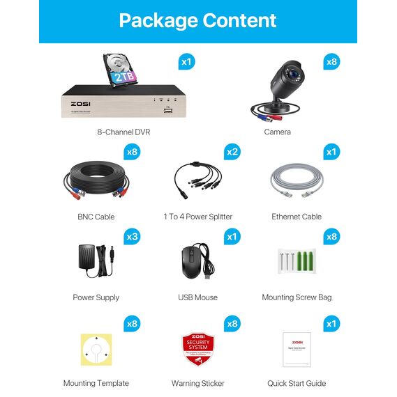 ZOSI 1080P Full HD Verkabelt Video Überwachungskamera Set Aussen mit 2TB HDD, 8CH H.265+ DVR, 8X 2MP Outdoor Kamera mit BNC Kabel, Bewegungserkennung