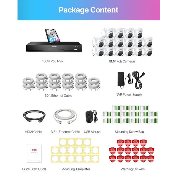 ZOSI 32CH 4K Überwachungskamera Set Outdoor, 16X 8MP IP Outdoor PoE Kameraüberwachung mit 2-Wege-Audio und 4TB NVR, AI Personen und Fahrzeugerkennung, Farben Nachtsicht, C225