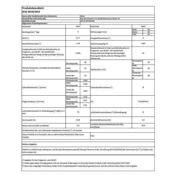 Haier SERIE 636 HW70-BP14636N I Frontlader Waschmaschine 7kg I Washing Machine mit A-Effizienz, 1.400 U/Min. & sparsamem Inverter-Motor I Inkl. Vollwasserschutz, Dampffunktion & Mengenautomatik