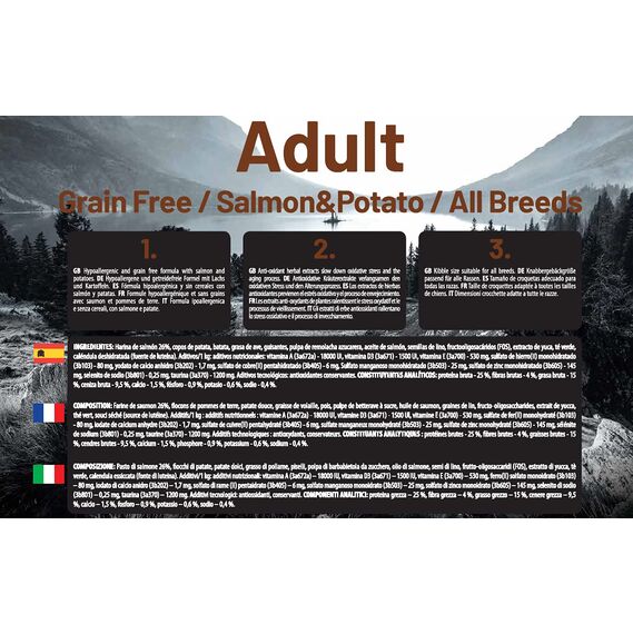 The Hunger of the Wolf Hundefutter für ausgewachsene Hunde aller Rassen und für Hunde mit Allergien, Fein zubereitetes Trockenfutter ohne Getreide mit Lachs und Kartoffeln - 3 kg