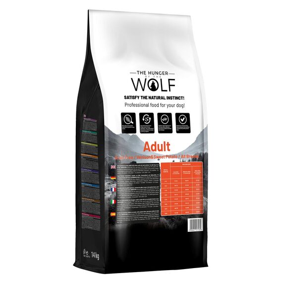 The Hunger of the Wolf Hundefutter für ausgewachsene Hunde aller Rassen, Fein zubereitetes Trockenfutter ohne Getreide mit Wildfleisch und Süßkartoffeln - 14 kg