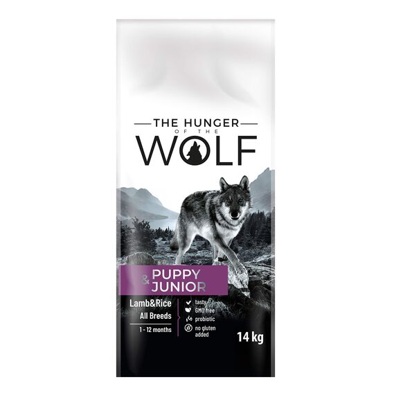 The Hunger of the Wolf Hundefutter für Welpen und Junghunde aller Rassen, Fein zubereitetes Trockenfutter mit Lamm und Reis - 14 kg