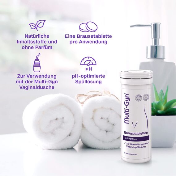 Multi-Gyn Brausetabletten – Vaginaldusche auf Basis natürlicher Inhaltsstoffe für eine sanfte und optimale Vaginalhygiene – für Intimdusche Dusche Frau - 10 Tabletten pro Packung - Doppelpackung