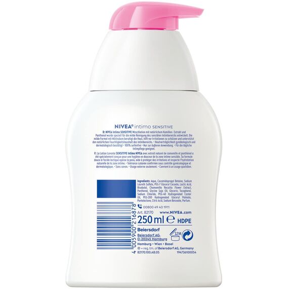 NIVEA Intimo Waschlotion Sensitive (250 ml), Intim Waschgel mit Milchsäure, Kamillenextrakt und Panthenol, Intim Waschlotion für sensible Haut