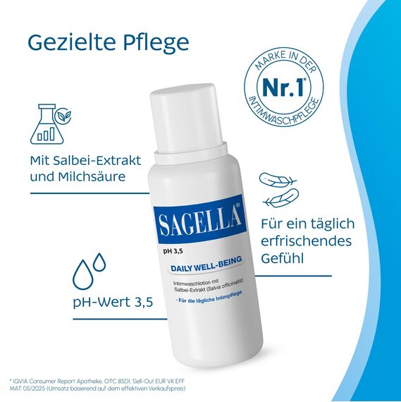 SAGELLA pH 3,5 – DAILY WELL-BEING: Intimwaschlotion mit Milchsäure und Salbei-Extrakt für die tägliche Intimpflege, 100 ml