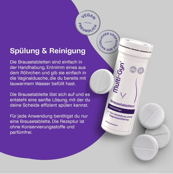 Multi-Gyn Brausetabletten – Vaginaldusche auf Basis natürlicher Inhaltsstoffe für eine sanfte und optimale Vaginalhygiene – für Intimdusche Dusche Frau - 10 Tabletten pro Packung - Doppelpackung