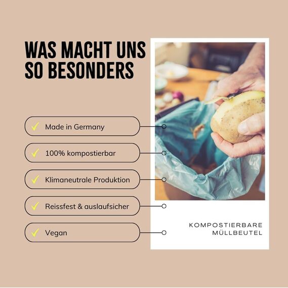 BIOvative PRODUCTS 20L Biomüllbeutel mit Henkel | 56 Müllbeutel, 100% kompostierbar, Made in Germany | Reißfeste Bio-Abfallbeutel, klimaneutralisiert & vegan | Nachhaltig für umweltbewusste Haushalte