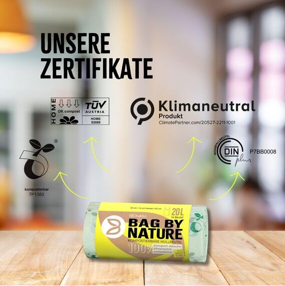 BIOvative PRODUCTS 20L Biomüllbeutel mit Henkel | 56 Müllbeutel, 100% kompostierbar, Made in Germany | Reißfeste Bio-Abfallbeutel, klimaneutralisiert & vegan | Nachhaltig für umweltbewusste Haushalte