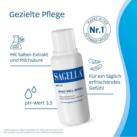 SAGELLA pH 3,5 – DAILY WELL-BEING: Intimwaschlotion mit Milchsäure und Salbei-Extrakt für die tägliche Intimpflege, 250 ml