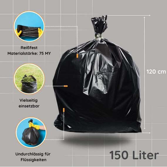 Müllsäcke 150 Liter extrastark & reißfest Müllbeutel Abfallbeutel Müllsack Mülltüte Abfallsäcke für Haus, Garten, Industrie & Gastronomie von Demmelhuber (3 Rollen)