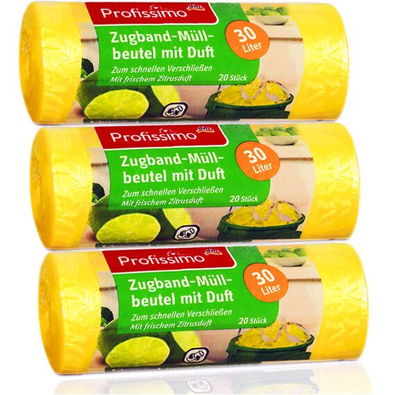 Müllbeutel mit frischem Zitrusduft - 30 Liter (60 Stück) - 3er Pack (3 x 20 Stück) - Ideal für Büro, Haushalt und Bad