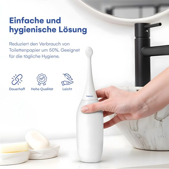 HappyPo Tragbar Po Dusche 300 ml - Tragbares Bidet für Männer und Frauen - Toilette Popodusche Ersetzt Feuchtes Toilettenpapier - Intimdusche für Schwangerschaft, Wochenbett und Reisen - Weiß