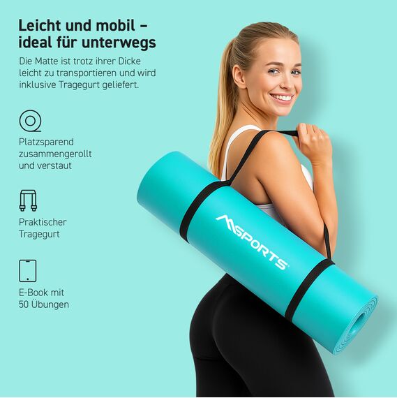 MSPORTS Gymnastikmatte Premium inkl. Tragegurt + Übungsposter + Workout App I Hautfreundliche Fitnessmatte 190 x 80 x 1,5 cm - Aquamarin - Phthalatfreie Yogamatte