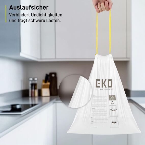 EKO Müllbeutel Größe A (3L- 6L), extra starke Müllsäcke mit Zugband für Küche und Bad, 30 Beutel, 1 Packung, weiß, klein, Geeignet für Mülleimer mit 3L, 4L, 5L, 6L