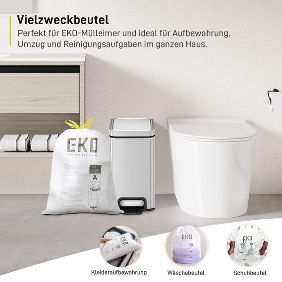 EKO Müllbeutel Größe A (3L- 6L), extra starke Müllsäcke mit Zugband für Küche und Bad, 30 Beutel, 1 Packung, weiß, klein, Geeignet für Mülleimer mit 3L, 4L, 5L, 6L