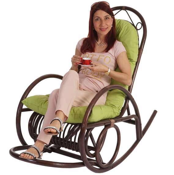 Mendler Schaukelstuhl HWC-C40, Schwingsessel Rattansessel, braun - Auflage grün
