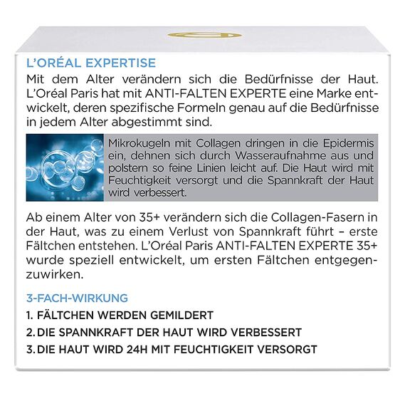 L'Oréal Paris Feuchtigkeitspflege für das Gesicht, Pflegende Anti-Aging Creme mit Kollagen Biosphären, Mildert Fältchen und spendet 24H Feuchtigkeit, Anti-Falten Experte 35+, 1 x 50ml