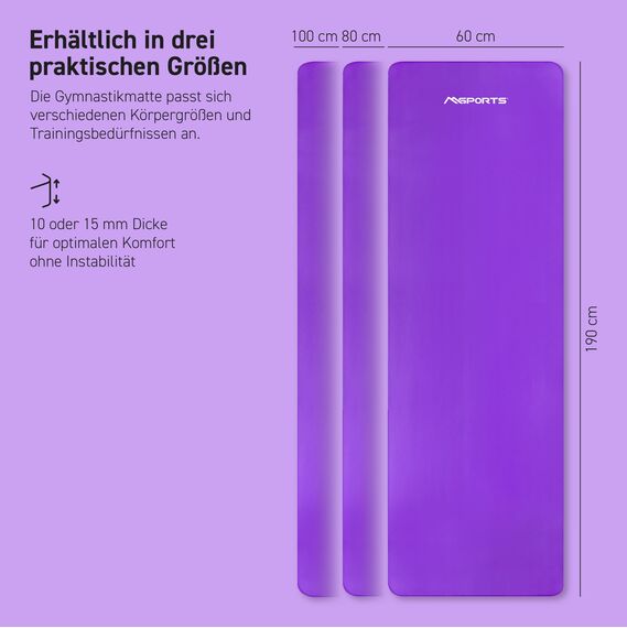 MSPORTS Gymnastikmatte Premium inkl. Tragegurt + Übungsposter + Workout App I Hautfreundliche Fitnessmatte 190 x 100 x 1,5 cm - Violett - Phthalatfreie Yogamatte