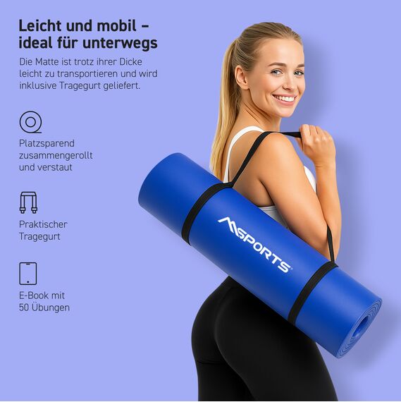 MSPORTS Gymnastikmatte Premium I Yoga Matte rutschfest und extra dick - inkl. Tragegurt + Übungsposter + Workout App I Hautfreundliche Sportmatte - 190x60x1,5 cm - Königsblau - Fitnessmatte, Yogamatte