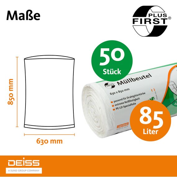 Müllbeutel DEISS FIRST PLUS weiß 85 L, 50 Stück