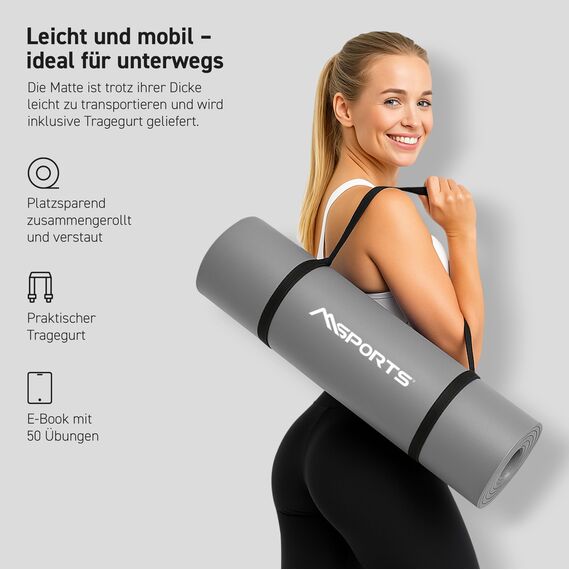 MSPORTS Gymnastikmatte Premium inkl. Tragegurt + Übungsposter + Workout App I Hautfreundliche Fitnessmatte 190 x 60 x 1,5 cm - Anthrazit - Phthalatfreie Yogamatte