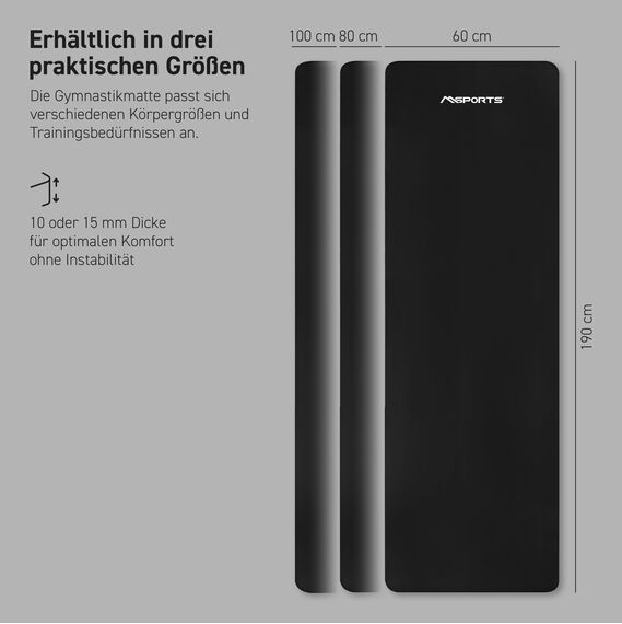 MSPORTS Gymnastikmatte Premium inkl. Tragegurt + Übungsposter + Workout App I Hautfreundliche Fitnessmatte 190 x 60 x 1,5 cm - Schwarz-Matt - Phthalatfreie Yogamatte