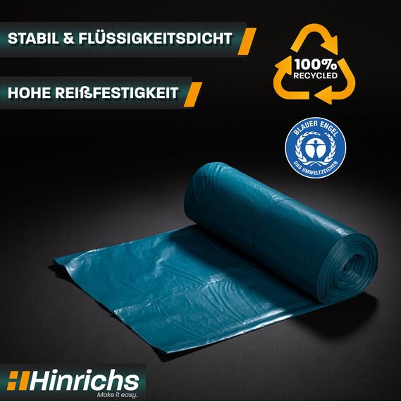Hinrichs Müllsäcke 240L extra Stark - 15er Rolle - 100x125 cm - Extrem reißfeste Müllbeutel - Mülltüten aus Recycling LDPE - Blaue Säcke - Abfallsäcke für Garten, Haushalt & Baustelle