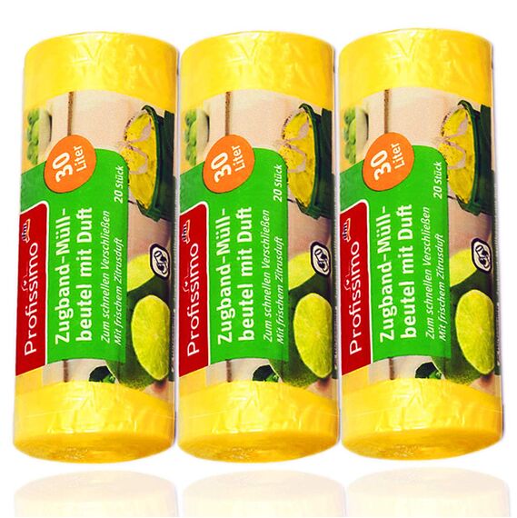 Müllbeutel mit frischem Zitrusduft - 30 Liter (60 Stück) - 3er Pack (3 x 20 Stück) - Ideal für Büro, Haushalt und Bad