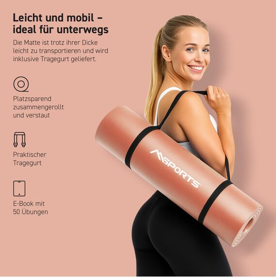 MSPORTS Gymnastikmatte Premium inkl. Tragegurt + Übungsposter + Workout App I Hautfreundliche Fitnessmatte 190 x 60 x 1,5 cm - Peach - Phthalatfreie Yogamatte