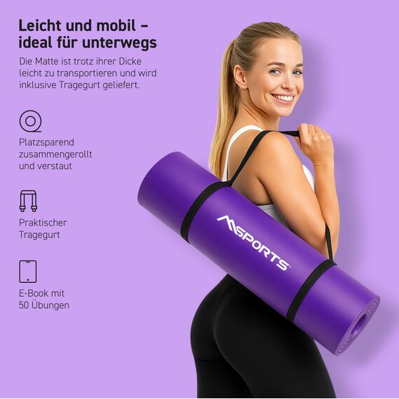 MSPORTS Gymnastikmatte Premium inkl. Tragegurt + Übungsposter + Workout App I Hautfreundliche Fitnessmatte 190 x 60 x 1,5 cm - Violett - Phthalatfreie Yogamatte