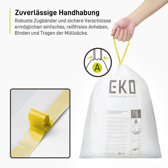 EKO Müllbeutel Größe A (3L- 6L), extra starke Müllsäcke mit Zugband für Küche und Bad, 30 Beutel, 1 Packung, weiß, klein, Geeignet für Mülleimer mit 3L, 4L, 5L, 6L