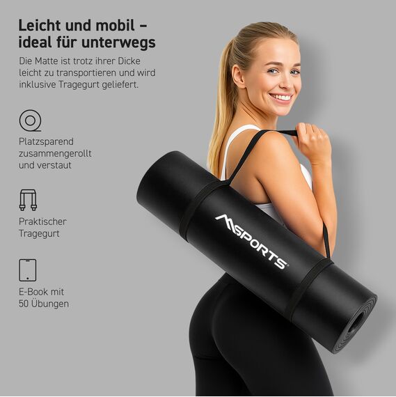 MSPORTS Gymnastikmatte Premium inkl. Tragegurt + Übungsposter + Workout App I Hautfreundliche Fitnessmatte 190 x 100 x 1,5 cm - Schwarz-Matt - Phthalatfreie Yogamatte