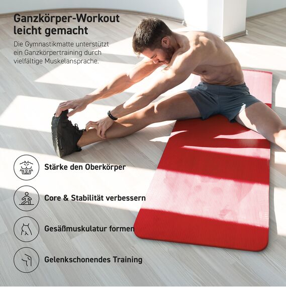 MSPORTS Gymnastikmatte Premium inkl. Tragegurt + Übungsposter + Workout App I Hautfreundliche Fitnessmatte 190 x 100 x 1,5 cm - Rubinrot - Phthalatfreie Yogamatte