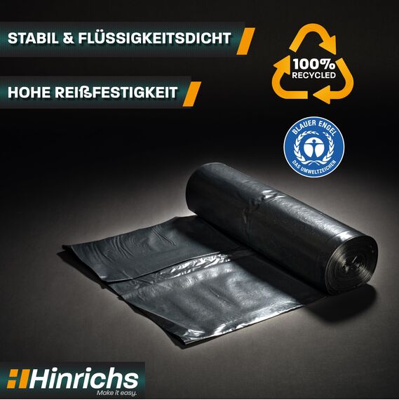 Hinrichs Müllsäcke 120L extra Stark - 25er Rolle - 70x110 cm - Extrem reißfeste Müllbeutel - Mülltüten aus Recycling LDPE - Schwarze Säcke - Abfallsäcke für Garten, Haushalt & Baustelle