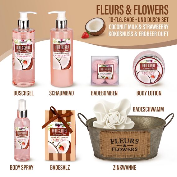 BRUBAKER Cosmetics Bade- und Dusch Set Kokosnuss & Erdbeer Duft - 10-teiliges Geschenkset in Vintage Wanne