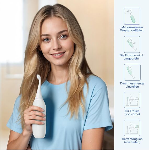 HappyPo Tragbar Po Dusche 300 ml - Tragbares Bidet für Männer und Frauen - Toilette Popodusche Ersetzt Feuchtes Toilettenpapier - Intimdusche für Schwangerschaft, Wochenbett und Reisen - Weiß