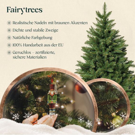 FairyTrees Weihnachtsbaum künstlich 180cm NORDMANNTANNE mit Christbaum Holzständer | TESTSIEGER Tannenbaum künstlich mit grünem Stamm | Made in EU