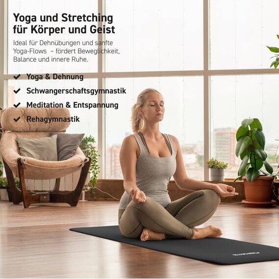 MSPORTS Gymnastikmatte Premium inkl. Tragegurt + Übungsposter + Workout App I Hautfreundliche Fitnessmatte 190 x 100 x 1,5 cm - Schwarz-Matt - Phthalatfreie Yogamatte