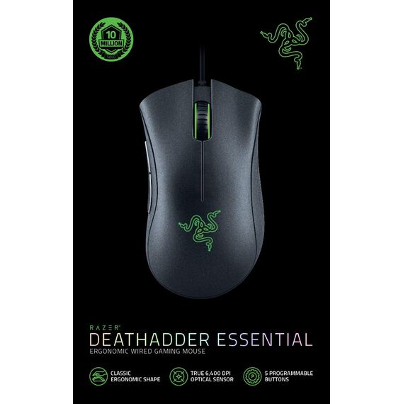 Razer DeathAdder Essential (2021) - Kabelgebundene Gaming-Maus mit Optischem Sensor mit 6400 DPI (5 programmierbare Tasten, Ergonomischer Formfaktor, 10 Millionen Klicks Lebensdauer) Schwarz