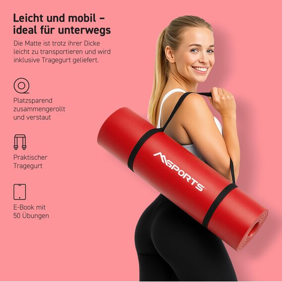 MSPORTS Gymnastikmatte Premium inkl. Tragegurt + Übungsposter + Workout App I Hautfreundliche Fitnessmatte 190 x 80 x 1,5 cm - Rubinrot - Phthalatfreie Yogamatte