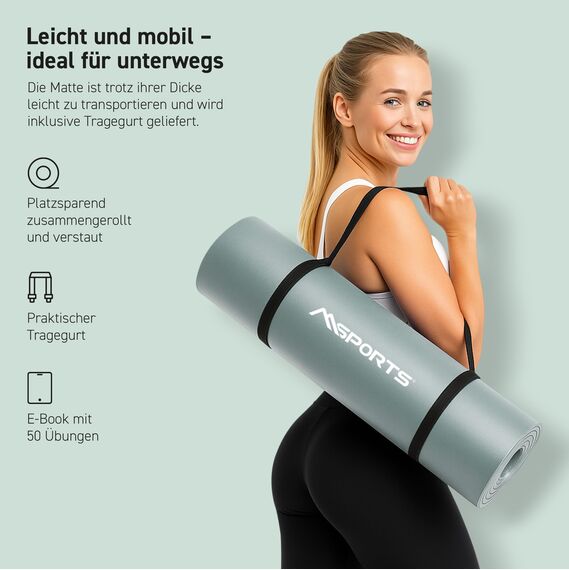 MSPORTS Gymnastikmatte Premium inkl. Tragegurt + Übungsposter + Workout App I Hautfreundliche Fitnessmatte 190 x 100 x 1,5 cm - Steingrau - Phthalatfreie Yogamatte