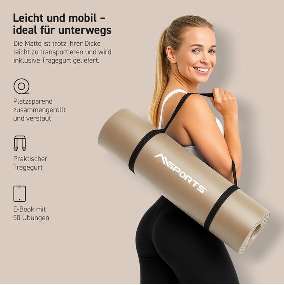 MSPORTS Gymnastikmatte Premium inkl. Tragegurt + Übungsposter + Workout App I Hautfreundliche Fitnessmatte 190 x 100 x 1,5 cm - Beige-Caramel - Phthalatfreie Yogamatte