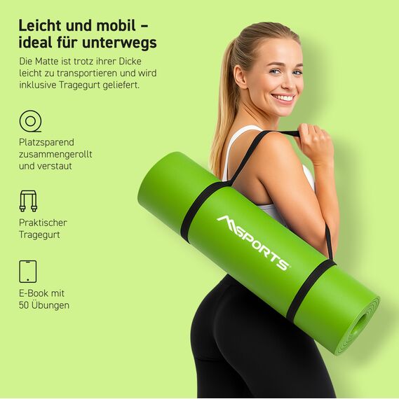 MSPORTS Gymnastikmatte Premium inkl. Tragegurt + Übungsposter + Workout App I Hautfreundliche Fitnessmatte 190 x 60 x 1,5 cm - Lindgrün - Phthalatfreie Yogamatte